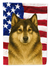 Load image into Gallery viewer, Sable and White Alaskan Malamute American Flag Garden Flag