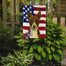 Load image into Gallery viewer, Brindle and White Basenji American Flag Garden Flag