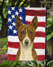 Load image into Gallery viewer, Brindle and White Basenji American Flag Garden Flag