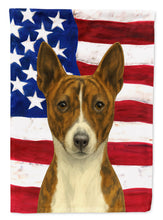 Load image into Gallery viewer, Brindle and White Basenji American Flag Garden Flag
