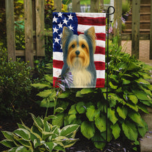 Load image into Gallery viewer, Blue and Gold Biewer Terrier American Flag Garden Flag
