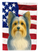 Load image into Gallery viewer, Blue and Gold Biewer Terrier American Flag Garden Flag