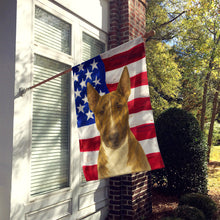 Load image into Gallery viewer, Brindle and White Bull Terrier American Flag House Flag