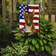Load image into Gallery viewer, Brindle and White Bull Terrier American Flag Garden Flag