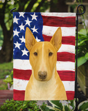 Load image into Gallery viewer, Fawn and White Bull Terrier American Flag Garden Flag