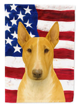 Load image into Gallery viewer, Fawn and White Bull Terrier American Flag Garden Flag