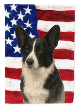 Load image into Gallery viewer, Black and White Cardigan Welsh Corgi American Flag Garden Flag