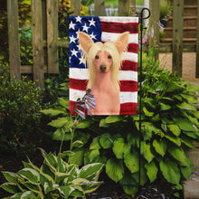 Load image into Gallery viewer, Hairless Palomino Chinese Crested American Flag Garden Flag