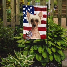 Load image into Gallery viewer, Hairless Pink and Chocolate Chinese Crested American Flag Garden Flag