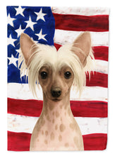 Load image into Gallery viewer, Hairless Pink and Chocolate Chinese Crested American Flag Garden Flag