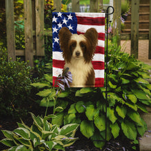 Load image into Gallery viewer, Chocolate and White Powderpuff Chinese Crested American Flag Garden Flag