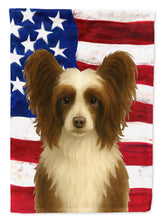 Load image into Gallery viewer, Chocolate and White Powderpuff Chinese Crested American Flag Garden Flag