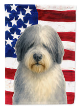 Load image into Gallery viewer, Gray and White Old English Sheepdog American Flag Garden Flag