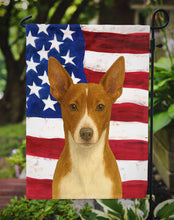Load image into Gallery viewer, Chocolate and White Rat Terrier American Flag Garden Flag
