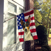 Load image into Gallery viewer, Tri-color Rat Terrier American Flag House Flag
