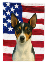 Load image into Gallery viewer, Tri-color Rat Terrier American Flag Garden Flag