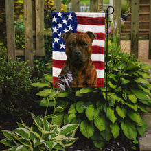 Load image into Gallery viewer, Brindle Staffordshire Bull Terrier American Flag Garden Flag