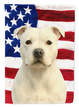 Load image into Gallery viewer, White Staffordshire Bull Terrier American Flag Garden Flag