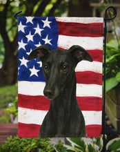 Load image into Gallery viewer, Black Whippet American Flag Garden Flag