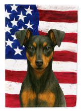 Load image into Gallery viewer, Black and Rust Miniature Pinscher American Flag Garden Flag