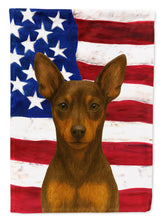 Load image into Gallery viewer, Chocolate and Rust Miniature Pinscher American Flag House Flag