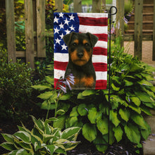 Load image into Gallery viewer, Black and Tan Norfolk Terrier American Flag Garden Flag