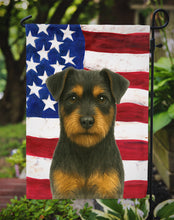 Load image into Gallery viewer, Black and Tan Norfolk Terrier American Flag Garden Flag