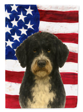 Load image into Gallery viewer, Black and White Portuguese Water Dog American Flag Garden Flag