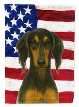Load image into Gallery viewer, Black and Tan Saluki American Flag House Flag