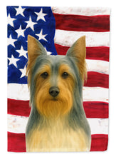 Load image into Gallery viewer, Blue and Tan Silky Terrier American Flag Garden Flag