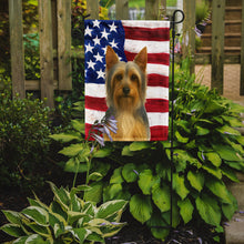 Load image into Gallery viewer, Silver and Tan Silky Terrier American Flag Garden Flag