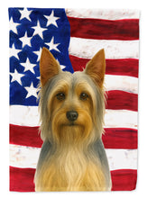 Load image into Gallery viewer, Silver and Tan Silky Terrier American Flag Garden Flag