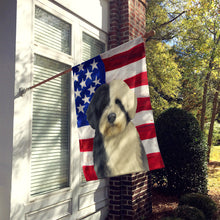 Load image into Gallery viewer, Black and White Tibetan Spaniel American Flag House Flag
