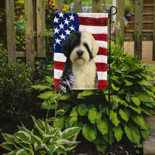 Load image into Gallery viewer, Black and White Tibetan Spaniel American Flag Garden Flag