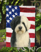 Load image into Gallery viewer, Black and White Tibetan Spaniel American Flag Garden Flag