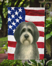 Load image into Gallery viewer, Gray and White Tibetan Spaniel American Flag Garden Flag