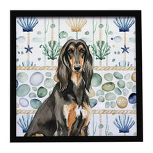 Load image into Gallery viewer, Black &amp; Tan Afghan Hound Coastal Sea Glass Framed Metal Print