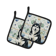 Load image into Gallery viewer, Black and White Alaskan Malamute Coastal Sea Glass Pair of Pot Holders