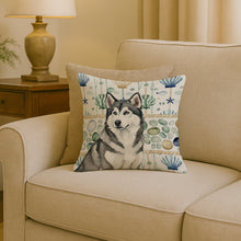 Load image into Gallery viewer, Gray and White Alaskan Malamute Coastal Sea Glass Throw Pillow