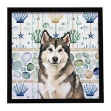 Load image into Gallery viewer, Sable and White Alaskan Malamute Coastal Sea Glass Framed Metal Print