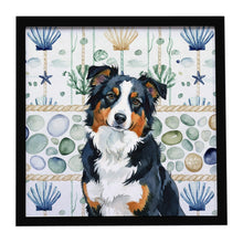 Load image into Gallery viewer, Black Tri American Shepherd Coastal Sea Glass Framed Metal Print