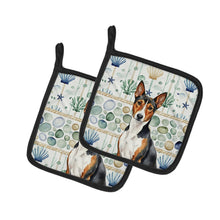 Load image into Gallery viewer, Tricolor and White Basenji Coastal Sea Glass Pair of Pot Holders