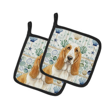 Load image into Gallery viewer, Lemon and White Basset Hound Coastal Sea Glass Pair of Pot Holders