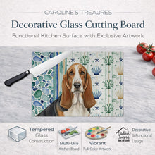 Load image into Gallery viewer, Tricolor and White Basset Hound Coastal Sea Glass Glass Cutting Board