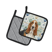 Load image into Gallery viewer, Tricolor and White Basset Hound Coastal Sea Glass Pair of Pot Holders