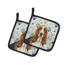 Load image into Gallery viewer, Tricolor and White Basset Hound Coastal Sea Glass Pair of Pot Holders
