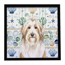 Load image into Gallery viewer, White and Tan Bearded Collie Coastal Sea Glass Framed Metal Print