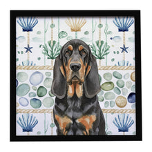 Load image into Gallery viewer, Black and Tan Bloodhound Coastal Sea Glass Framed Metal Print