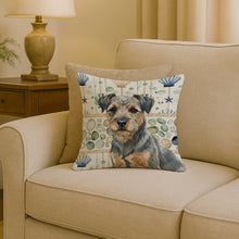 Load image into Gallery viewer, Blue and Tan Border Terrier Coastal Sea Glass Throw Pillow