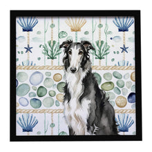 Load image into Gallery viewer, Black and White Borzoi Coastal Sea Glass Framed Metal Print
